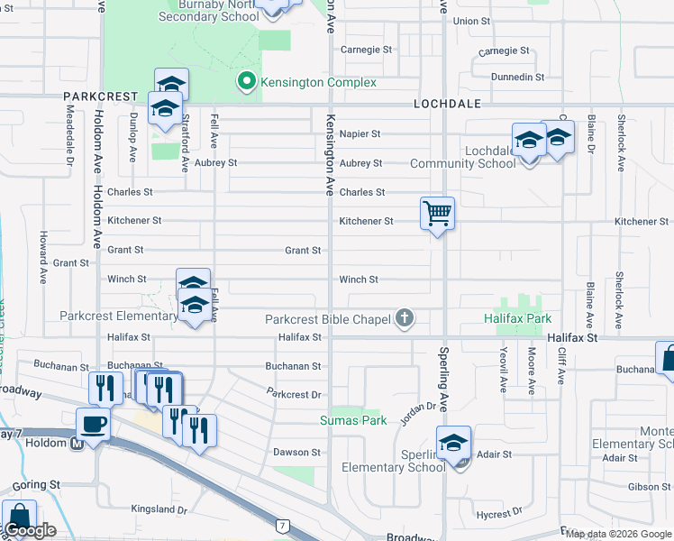 map of restaurants, bars, coffee shops, grocery stores, and more near 6503 Winch Street in Burnaby