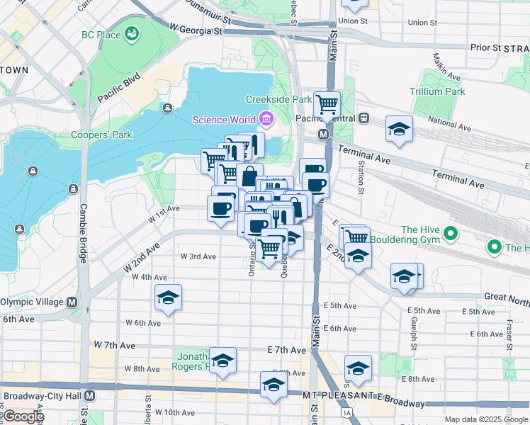 map of restaurants, bars, coffee shops, grocery stores, and more near 28 East 1st Avenue in Vancouver