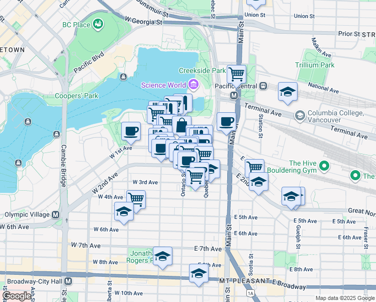 map of restaurants, bars, coffee shops, grocery stores, and more near 1708 Ontario Street in Vancouver