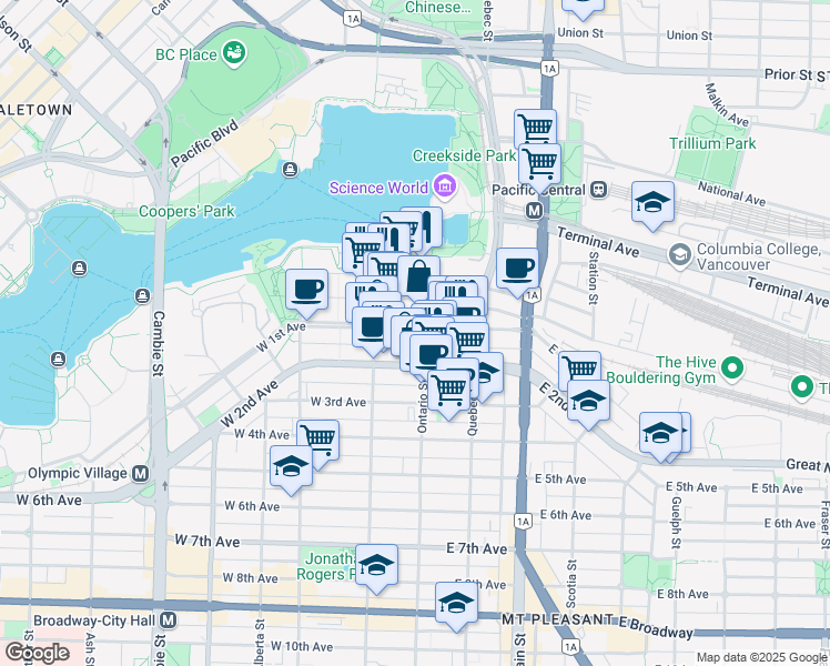 map of restaurants, bars, coffee shops, grocery stores, and more near 38 West 1st Avenue in Vancouver