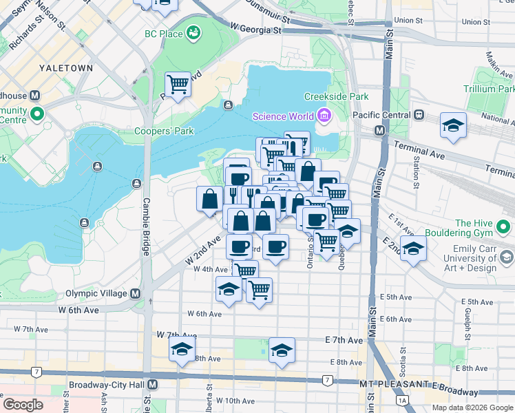 map of restaurants, bars, coffee shops, grocery stores, and more near 156 West 1st Avenue in Vancouver