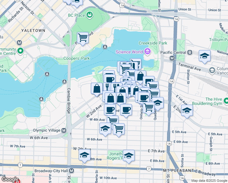 map of restaurants, bars, coffee shops, grocery stores, and more near 168 West 1st Avenue in Vancouver