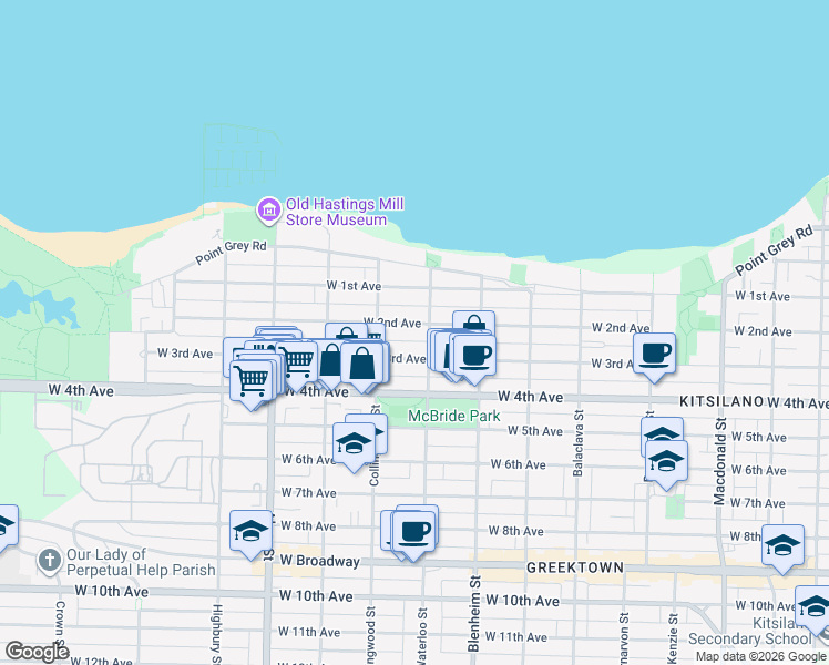 map of restaurants, bars, coffee shops, grocery stores, and more near 3412 West 2nd Avenue in Vancouver