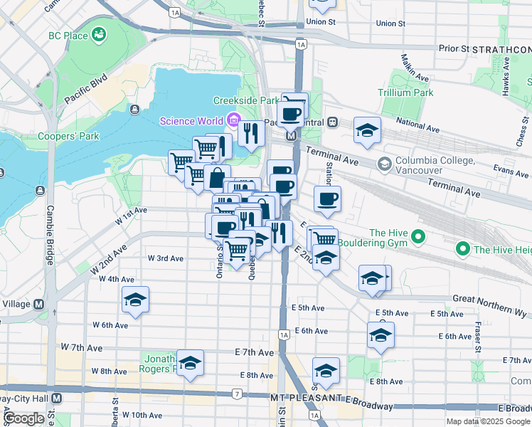 map of restaurants, bars, coffee shops, grocery stores, and more near in Vancouver