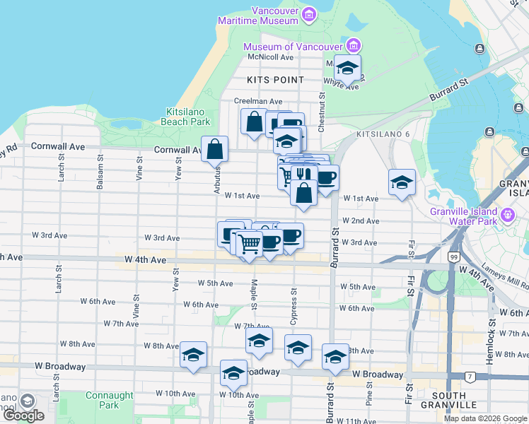 map of restaurants, bars, coffee shops, grocery stores, and more near in Vancouver