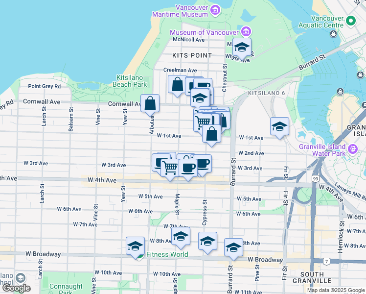 map of restaurants, bars, coffee shops, grocery stores, and more near 1712 Maple Street in Vancouver