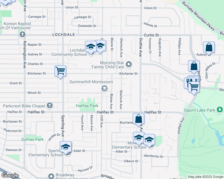 map of restaurants, bars, coffee shops, grocery stores, and more near 1584 Blaine Avenue in Burnaby
