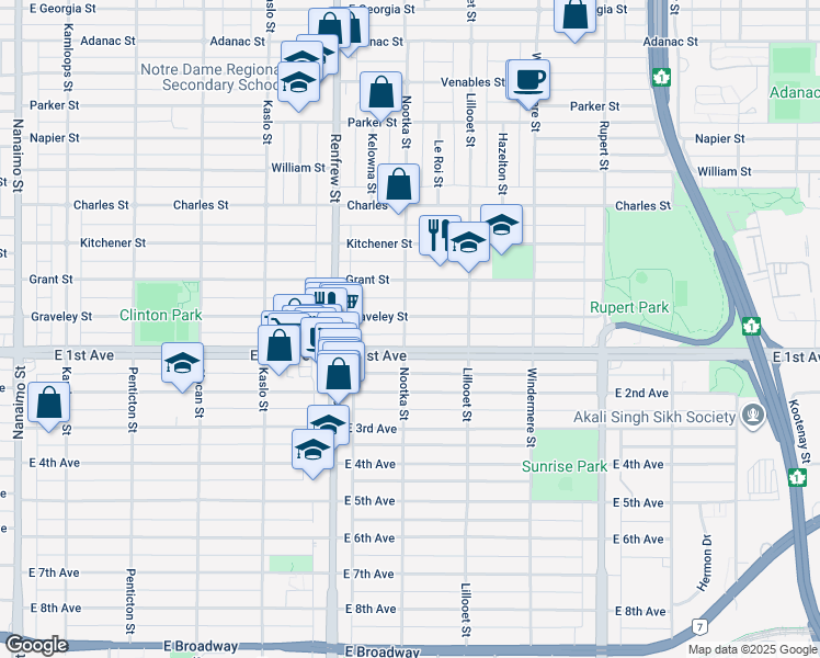 map of restaurants, bars, coffee shops, grocery stores, and more near 1620 Nootka Street in Vancouver