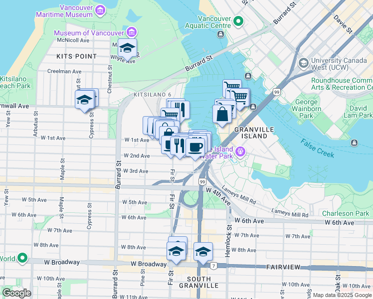 map of restaurants, bars, coffee shops, grocery stores, and more near 1530 Mariner Walk in Vancouver