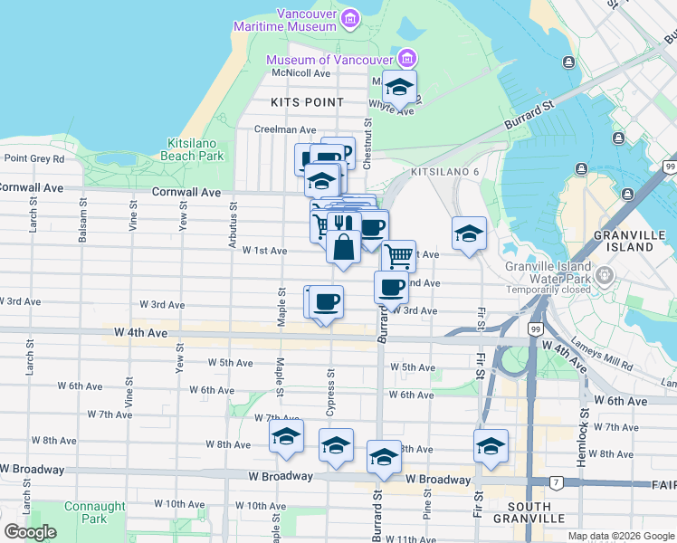 map of restaurants, bars, coffee shops, grocery stores, and more near 1897 West 2nd Avenue in Vancouver