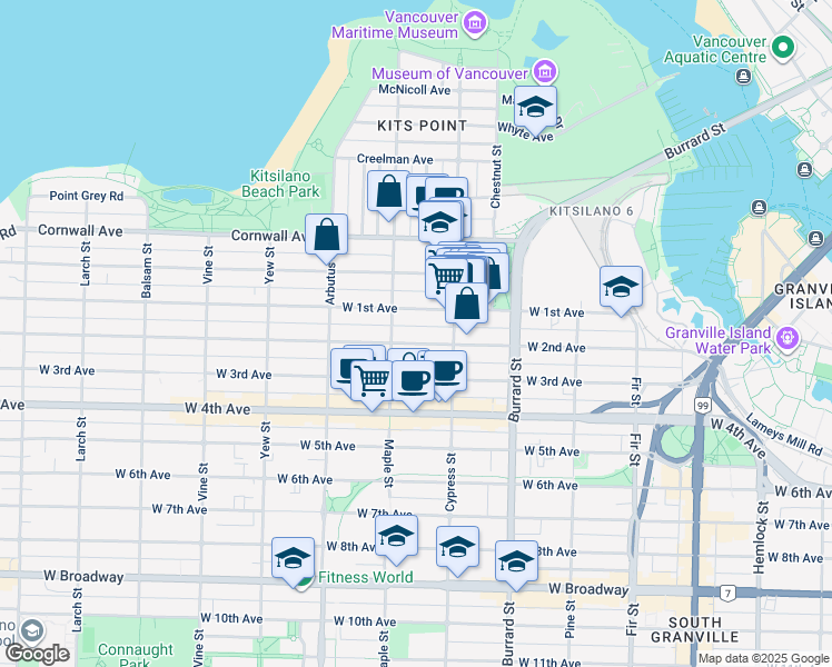 map of restaurants, bars, coffee shops, grocery stores, and more near 1959 West 2nd Avenue in Vancouver