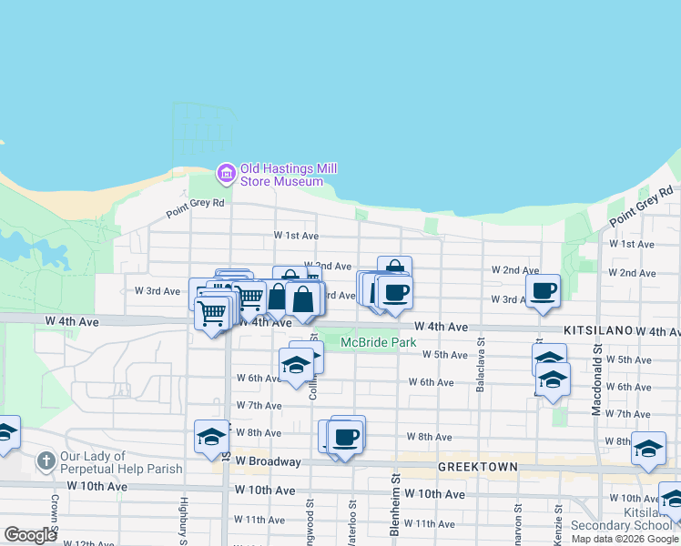 map of restaurants, bars, coffee shops, grocery stores, and more near 3424 West 2nd Avenue in Vancouver