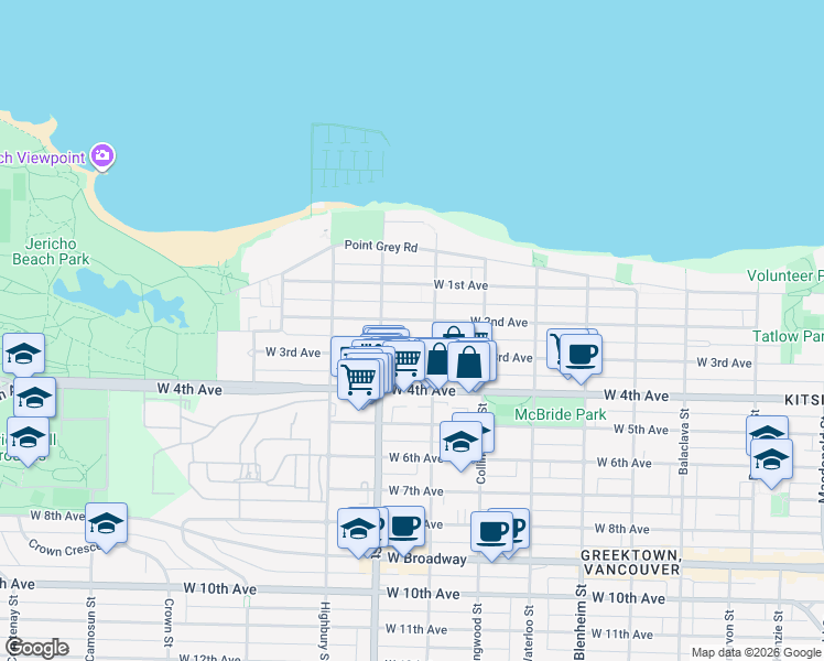 map of restaurants, bars, coffee shops, grocery stores, and more near in Vancouver