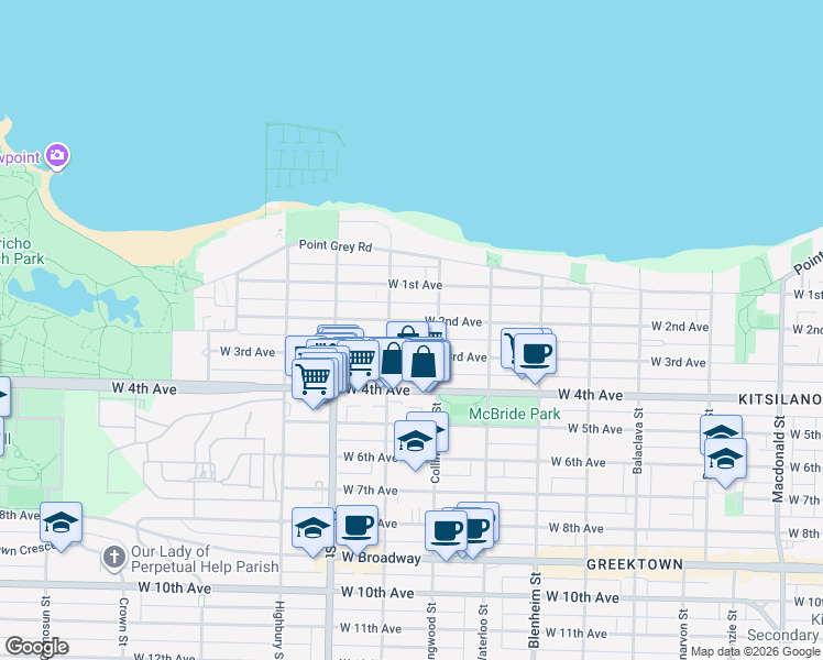map of restaurants, bars, coffee shops, grocery stores, and more near 3542 West 2nd Avenue in Vancouver
