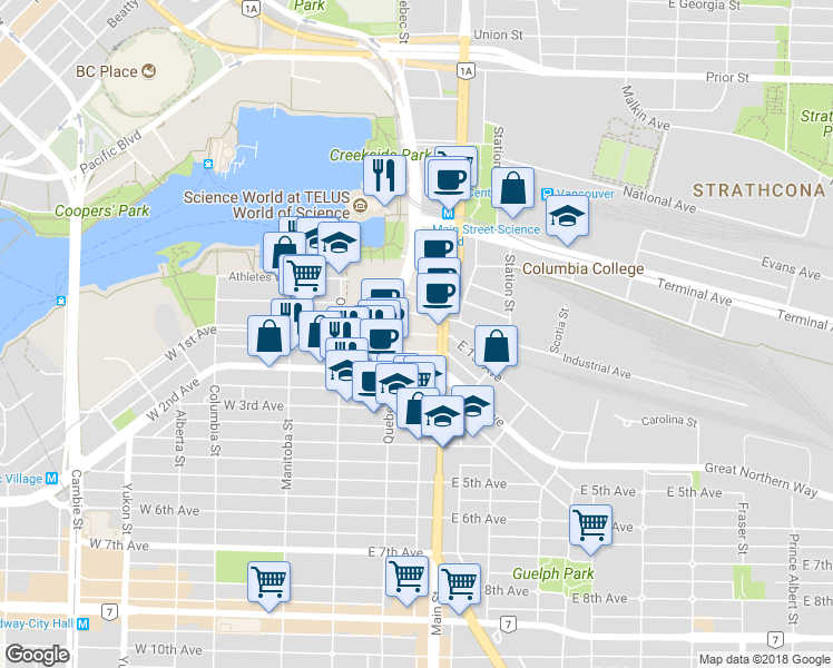 map of restaurants, bars, coffee shops, grocery stores, and more near 610 East 1st Avenue in Vancouver