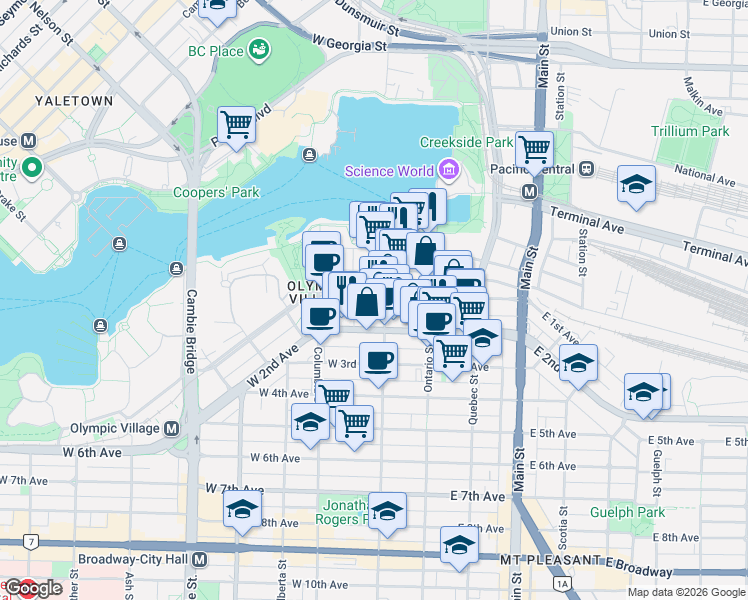 map of restaurants, bars, coffee shops, grocery stores, and more near 112 West 1st Avenue in Vancouver