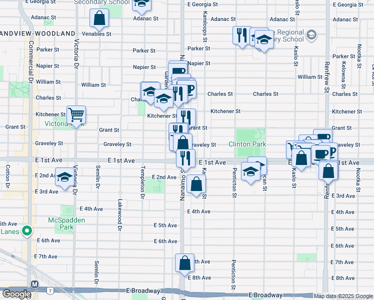 map of restaurants, bars, coffee shops, grocery stores, and more near 1616 Nanaimo Street in Vancouver