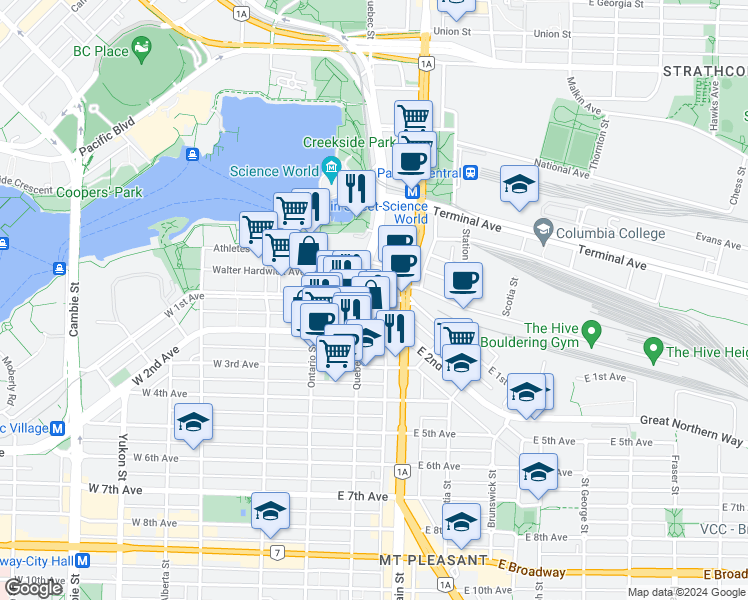 map of restaurants, bars, coffee shops, grocery stores, and more near 145 East 1st Avenue in Vancouver