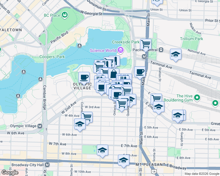 map of restaurants, bars, coffee shops, grocery stores, and more near 66 West 1st Avenue in Vancouver