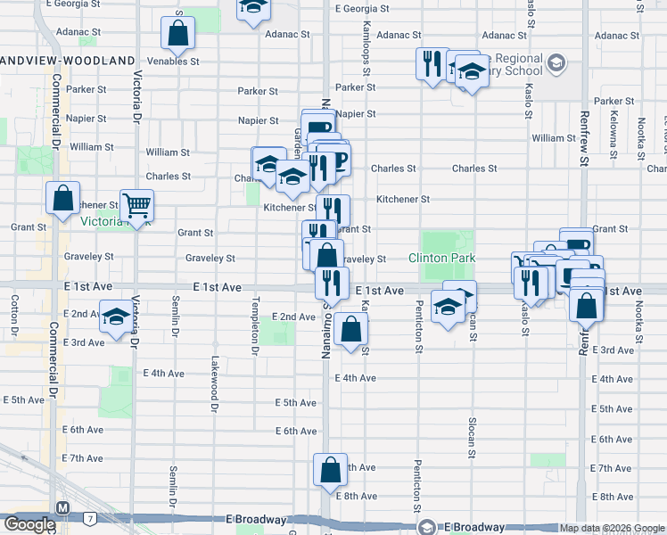 map of restaurants, bars, coffee shops, grocery stores, and more near 1616 Nanaimo Street in Vancouver
