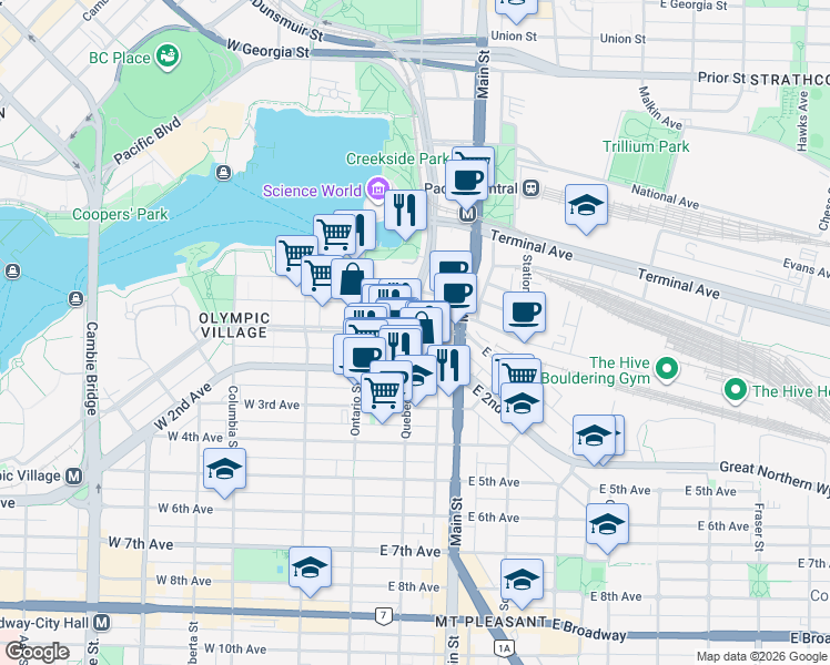 map of restaurants, bars, coffee shops, grocery stores, and more near 125 East 1st Avenue in Vancouver