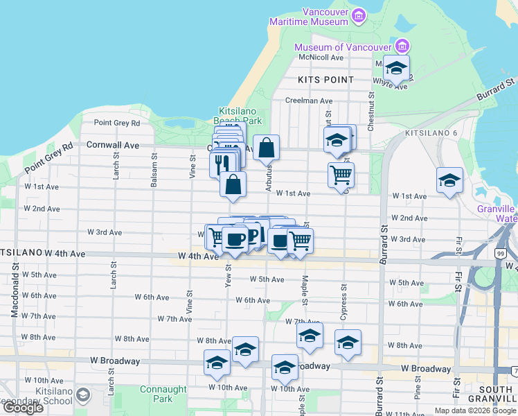 map of restaurants, bars, coffee shops, grocery stores, and more near 2125 West 2nd Avenue in Vancouver