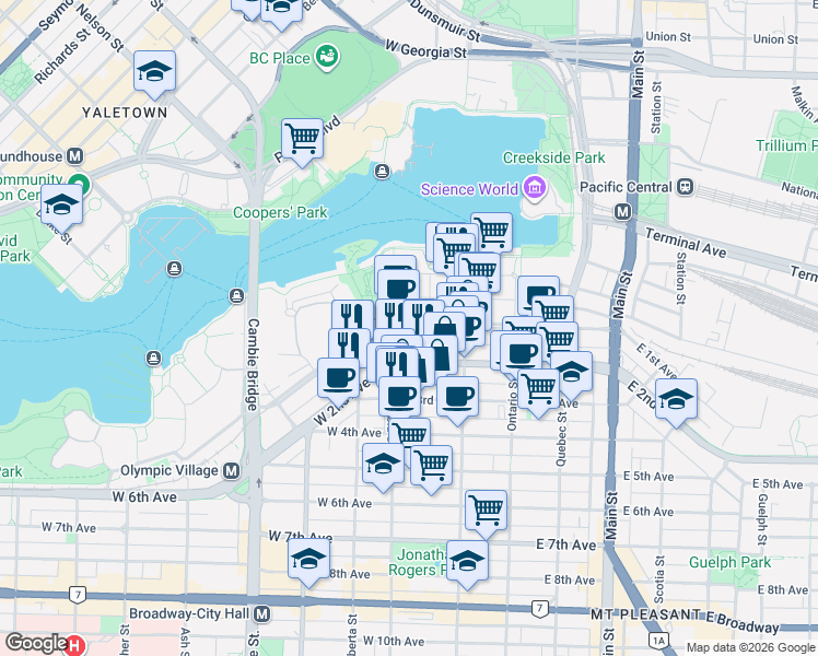 map of restaurants, bars, coffee shops, grocery stores, and more near 168 West 1st Avenue in Vancouver