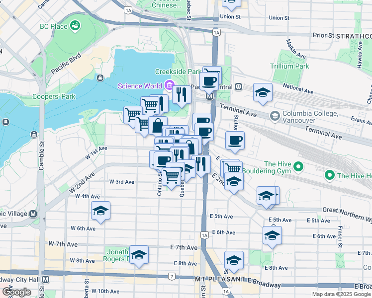 map of restaurants, bars, coffee shops, grocery stores, and more near 147 1st Street East in North Vancouver