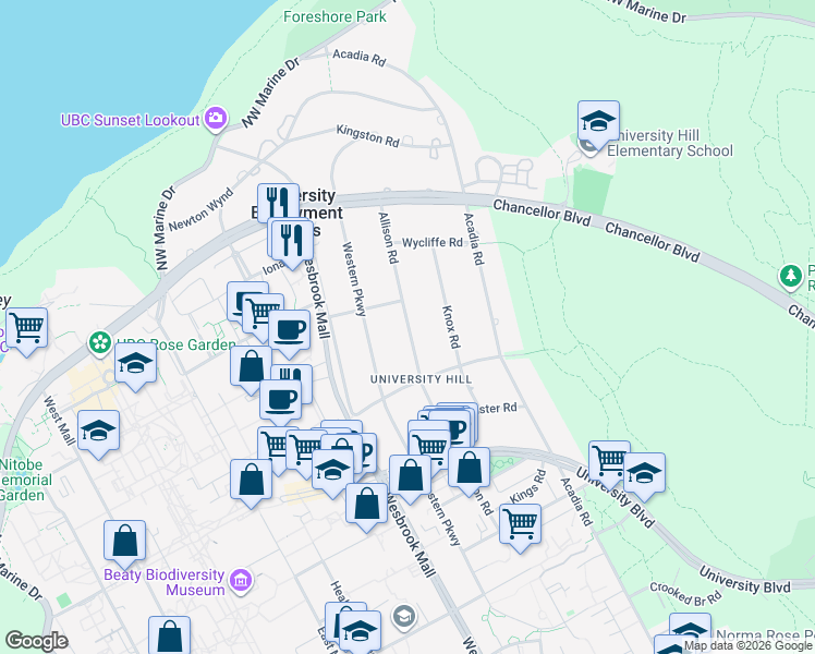 map of restaurants, bars, coffee shops, grocery stores, and more near 1837 Allison Road in Vancouver