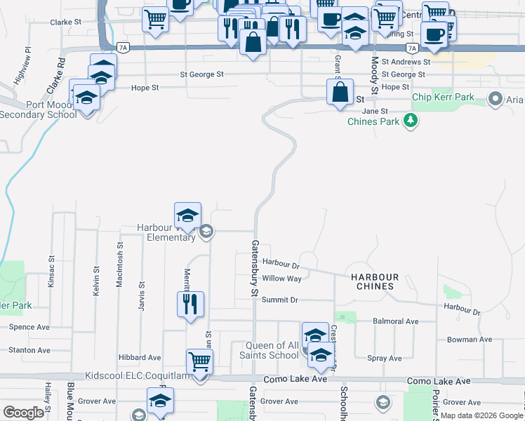 map of restaurants, bars, coffee shops, grocery stores, and more near 1001 Gatensbury Street in Coquitlam