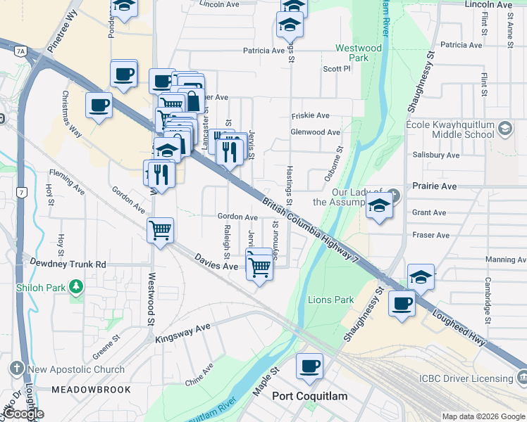 map of restaurants, bars, coffee shops, grocery stores, and more near 2535 Gordon Avenue in Port Coquitlam
