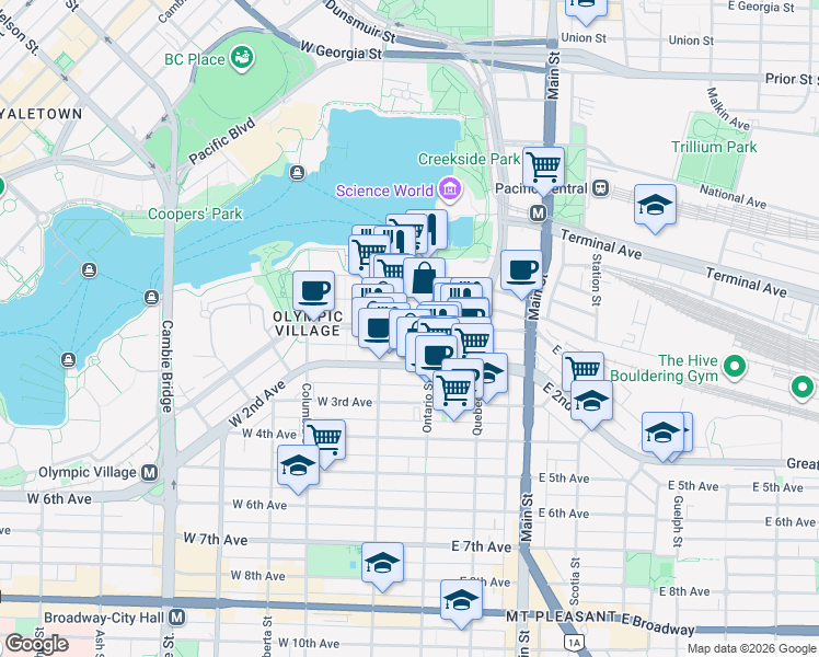 map of restaurants, bars, coffee shops, grocery stores, and more near in Vancouver