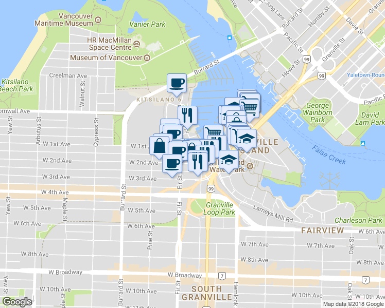 map of restaurants, bars, coffee shops, grocery stores, and more near in Vancouver