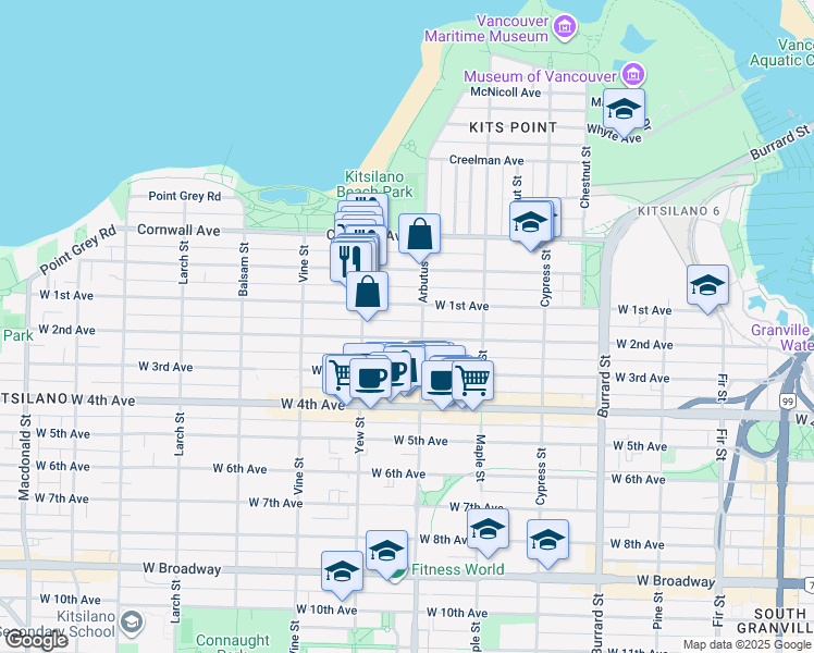 map of restaurants, bars, coffee shops, grocery stores, and more near in Vancouver