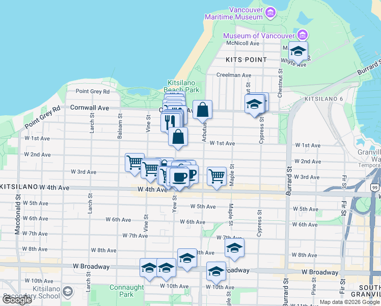map of restaurants, bars, coffee shops, grocery stores, and more near in Vancouver