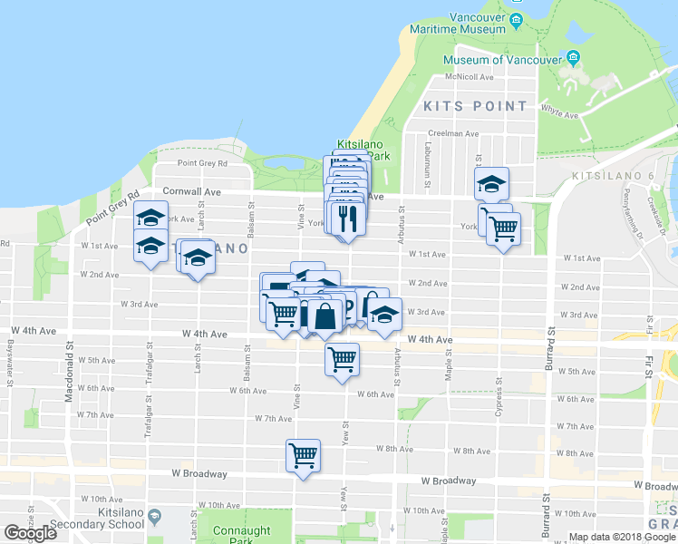 map of restaurants, bars, coffee shops, grocery stores, and more near in Vancouver