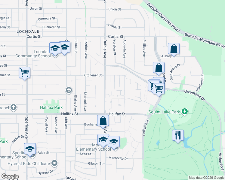 map of restaurants, bars, coffee shops, grocery stores, and more near 1541 Hatton Avenue in Burnaby