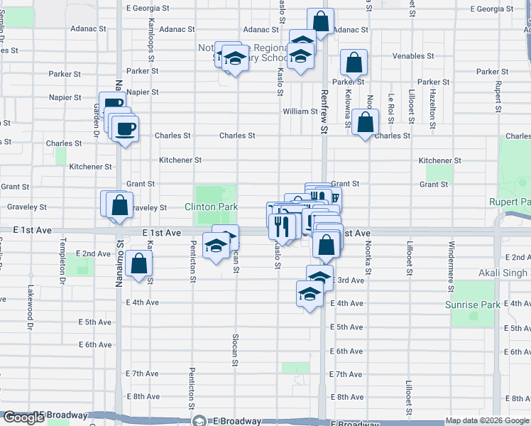 map of restaurants, bars, coffee shops, grocery stores, and more near 2752 Graveley Street in Vancouver