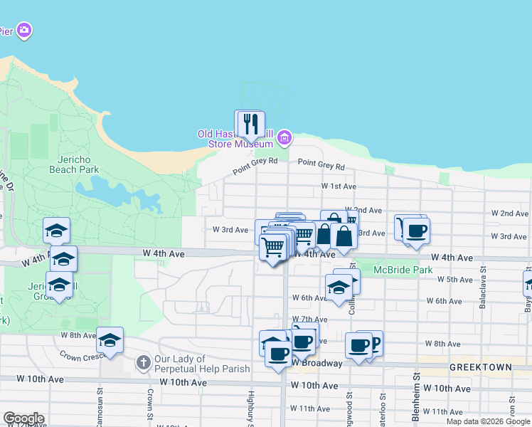 map of restaurants, bars, coffee shops, grocery stores, and more near 3768 West 2nd Avenue in Vancouver