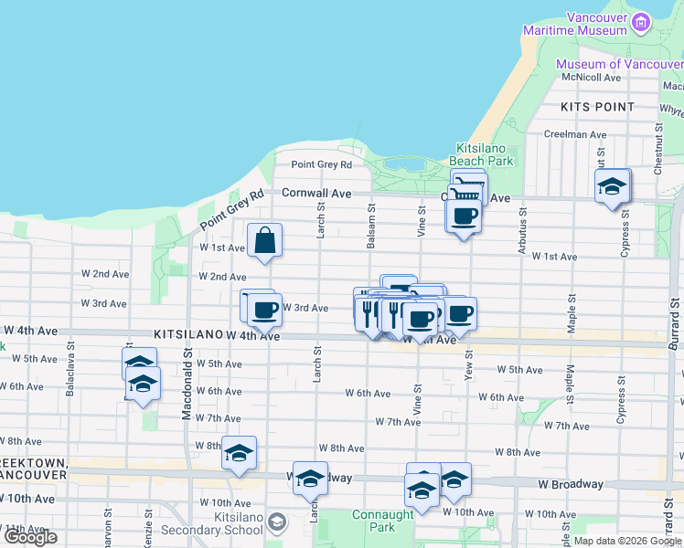 map of restaurants, bars, coffee shops, grocery stores, and more near in Vancouver