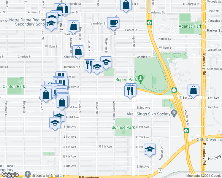 map of restaurants, bars, coffee shops, grocery stores, and more near 3180 Graveley Street in Vancouver