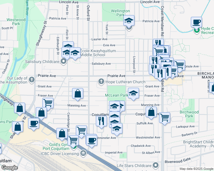 map of restaurants, bars, coffee shops, grocery stores, and more near Grant Avenue in Port Coquitlam