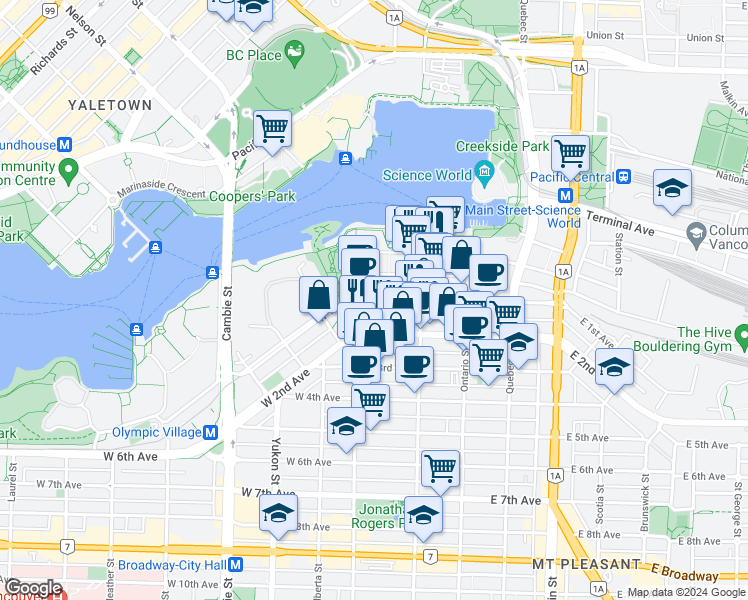 map of restaurants, bars, coffee shops, grocery stores, and more near 168 West 1st Avenue in Vancouver