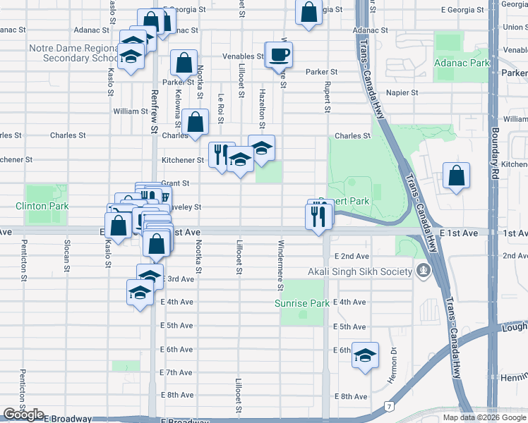 map of restaurants, bars, coffee shops, grocery stores, and more near 3156 Graveley Street in Vancouver
