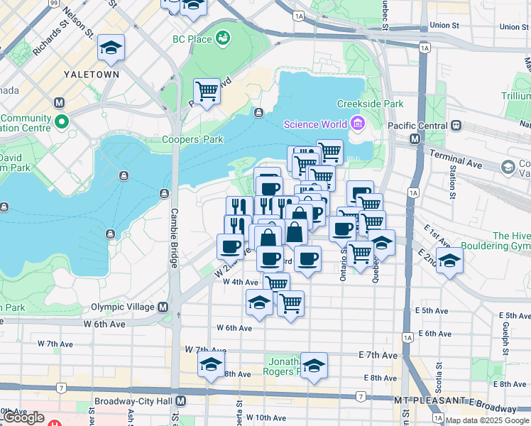map of restaurants, bars, coffee shops, grocery stores, and more near 1702 Columbia Street in Vancouver