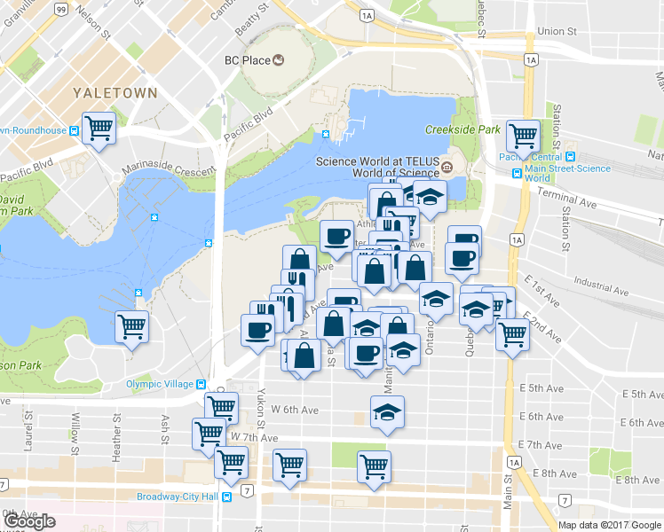 map of restaurants, bars, coffee shops, grocery stores, and more near 1702 Columbia Street in Vancouver