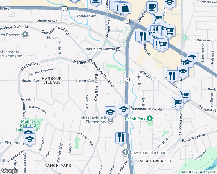 map of restaurants, bars, coffee shops, grocery stores, and more near 2886 Norman Avenue in Coquitlam