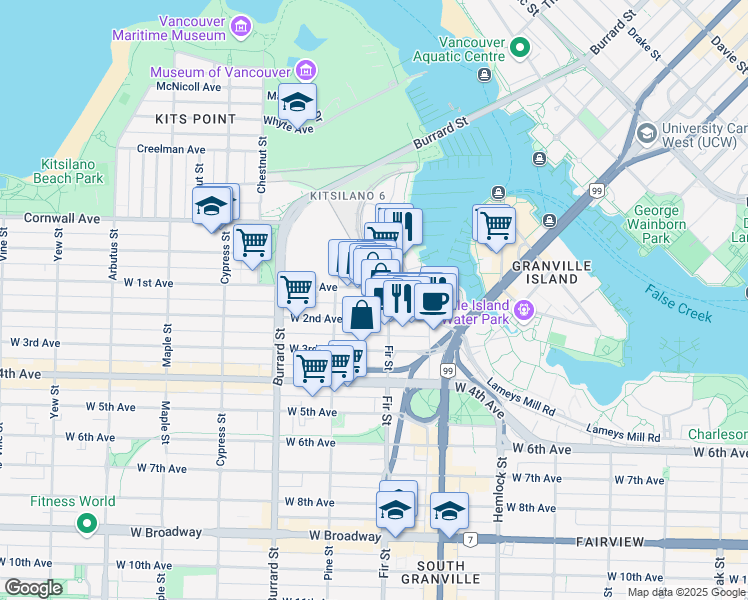 map of restaurants, bars, coffee shops, grocery stores, and more near 1628 West 1st Avenue in Vancouver
