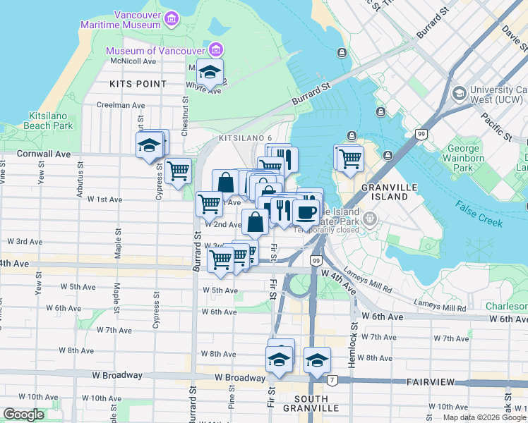 map of restaurants, bars, coffee shops, grocery stores, and more near 1628 West 1st Avenue in Vancouver