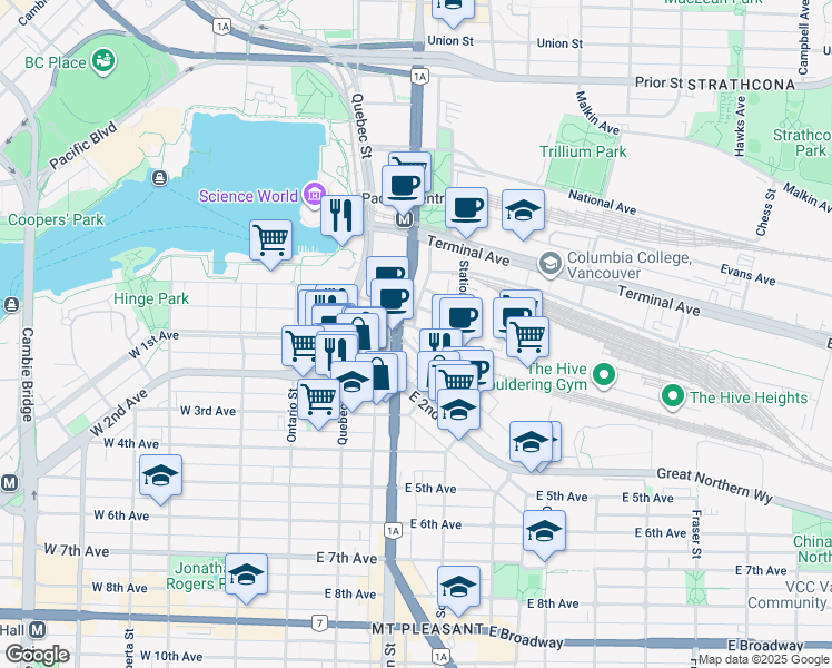 map of restaurants, bars, coffee shops, grocery stores, and more near 1688 Main Street in Vancouver